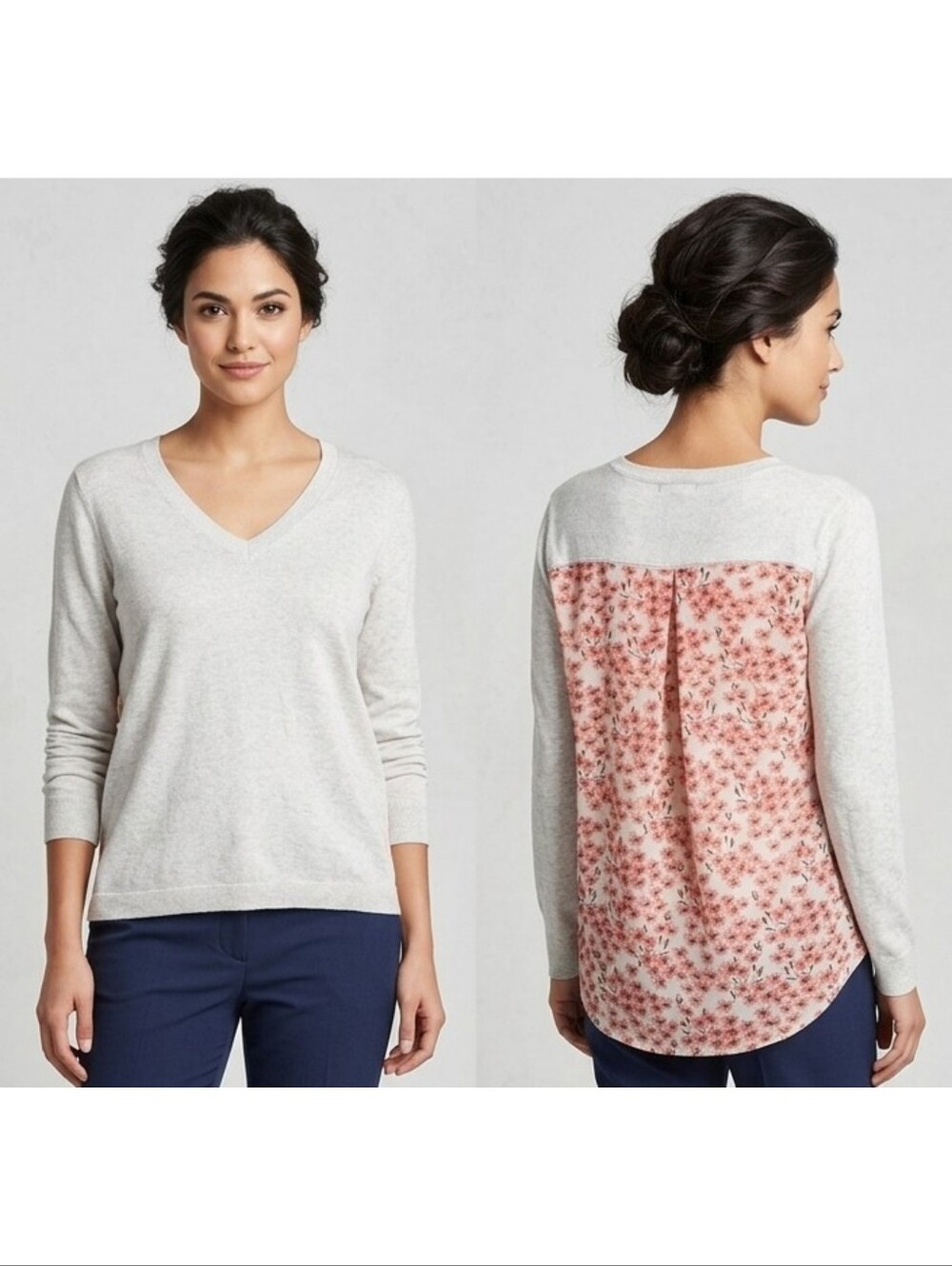 Gap Factory V-neck Floral Back Sweater Pewter Gray Size L